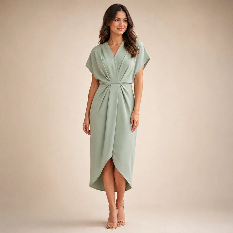 Victoria | Women's Wrap Midi Dress with V-Neck in Light Green, view 1