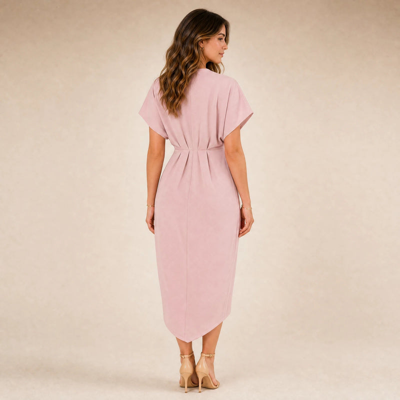 Victoria | Women's Wrap Midi Dress with V-Neck in Pink, view 2