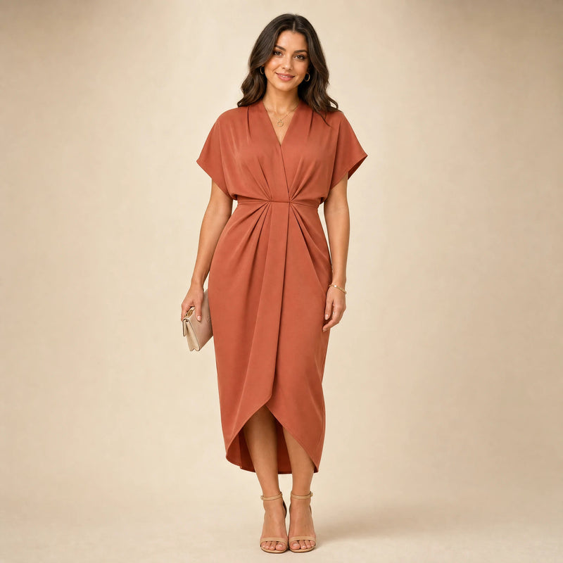 Victoria | Women's Wrap Midi Dress with V-Neck in Rust, view 1