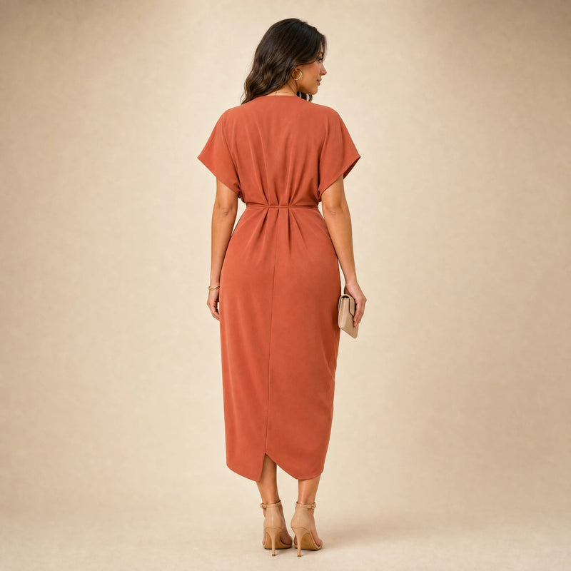 Victoria | Women's Wrap Midi Dress with V-Neck in Rust, view 2