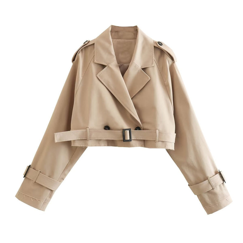 Vilde | Cropped trenchjakke med bælte i Khaki, flat lay