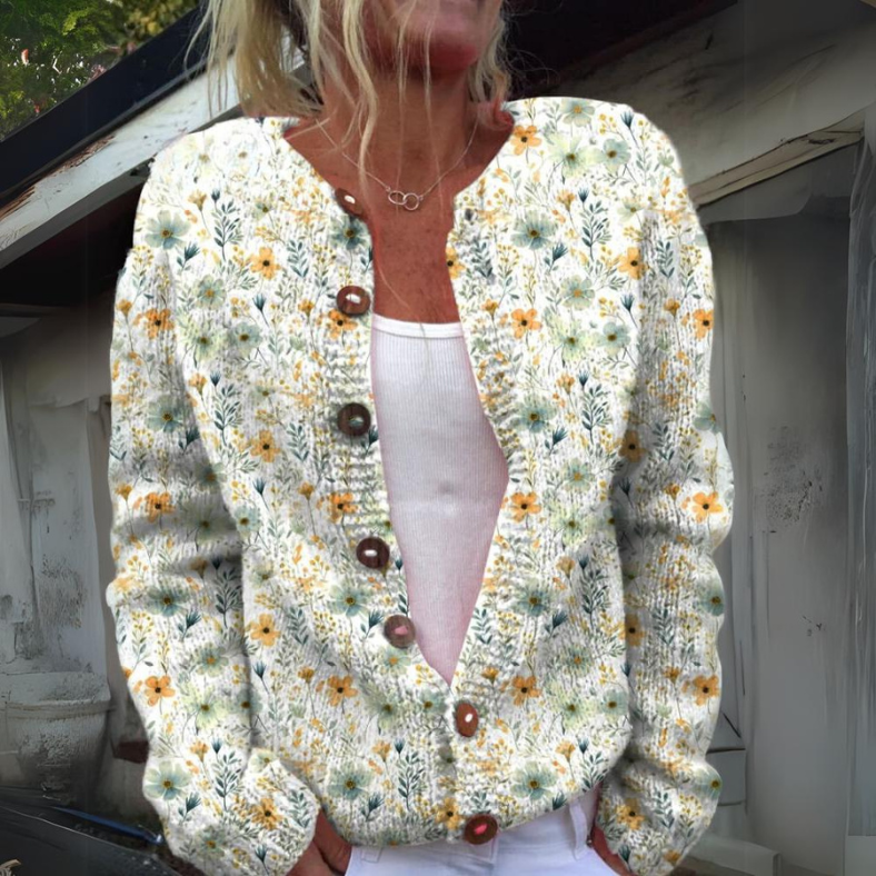 Viveca | Blomsterprint Cardigan i Mørkegrøn, forfra