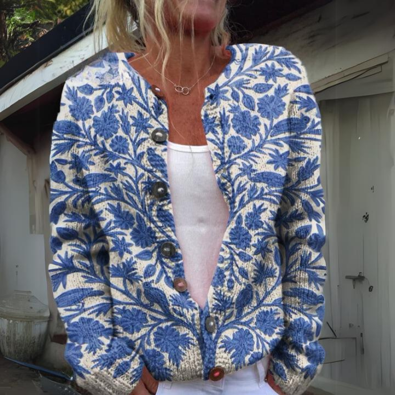 Viveca | Blomsterprint Cardigan i Blå, forfra