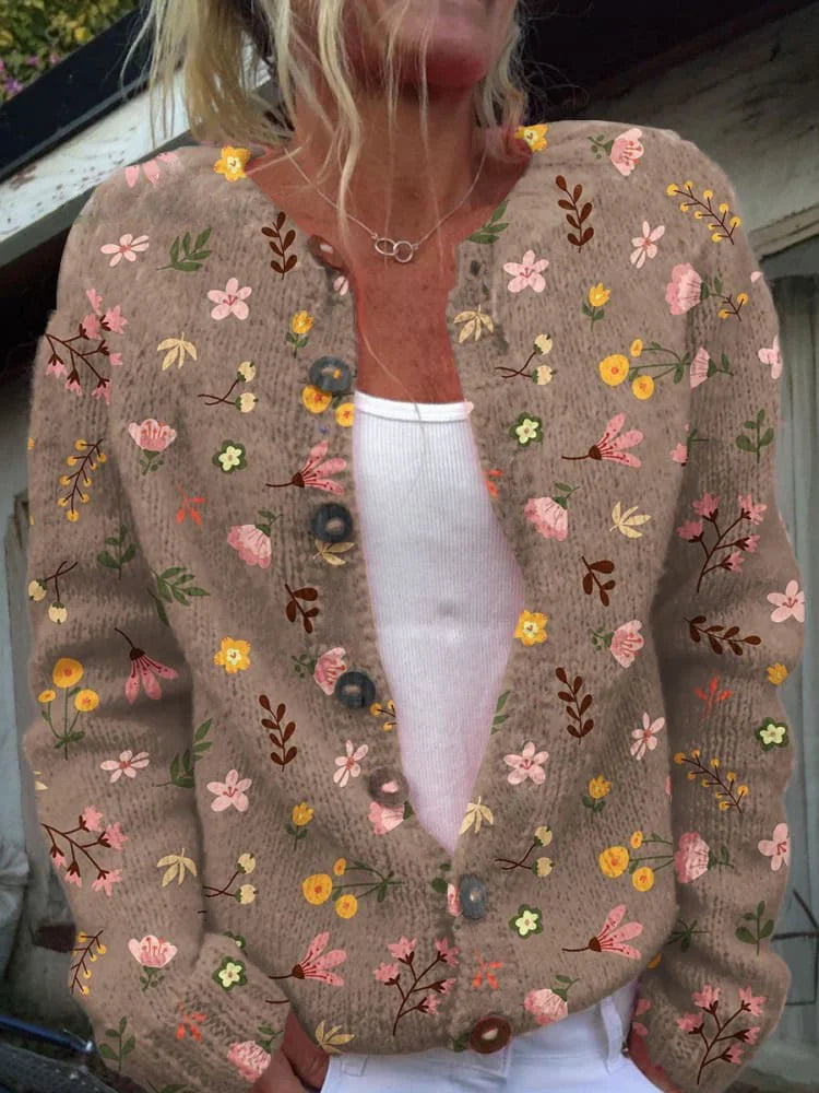 Viveca | Blomsterprint Cardigan i Brun, forfra