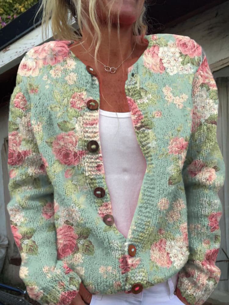 Viveca | Blomsterprint Cardigan i Lysegrøn, forfra