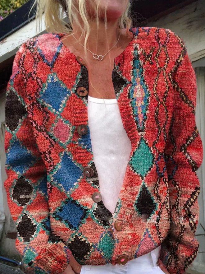 Viveca | Blomsterprint Cardigan i Rød, forfra