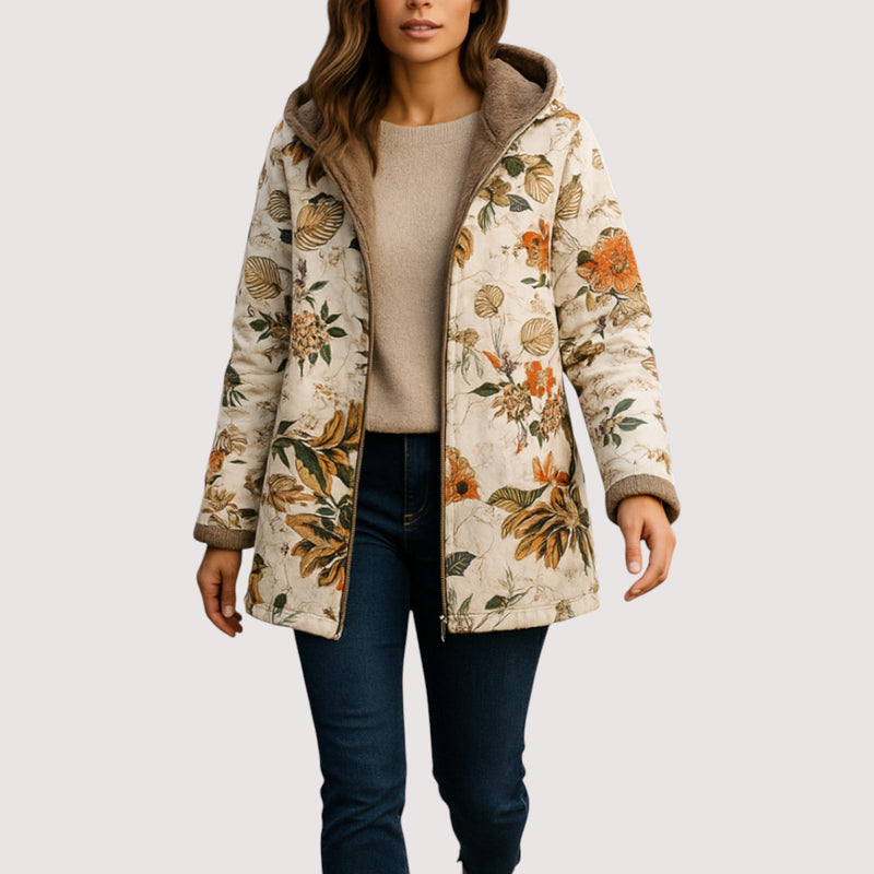 Wilma | Blomsterprint Jakke med Hætte i Beige, forfra