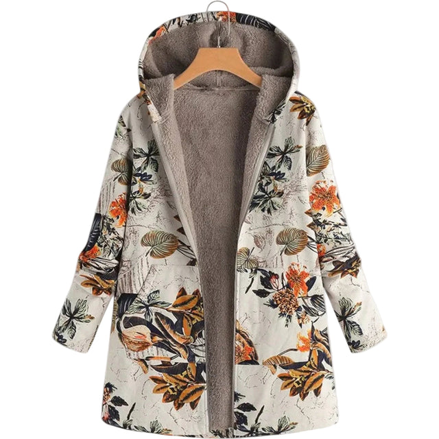 Wilma | Blomsterprint Jakke med Hætte i Beige, forfra