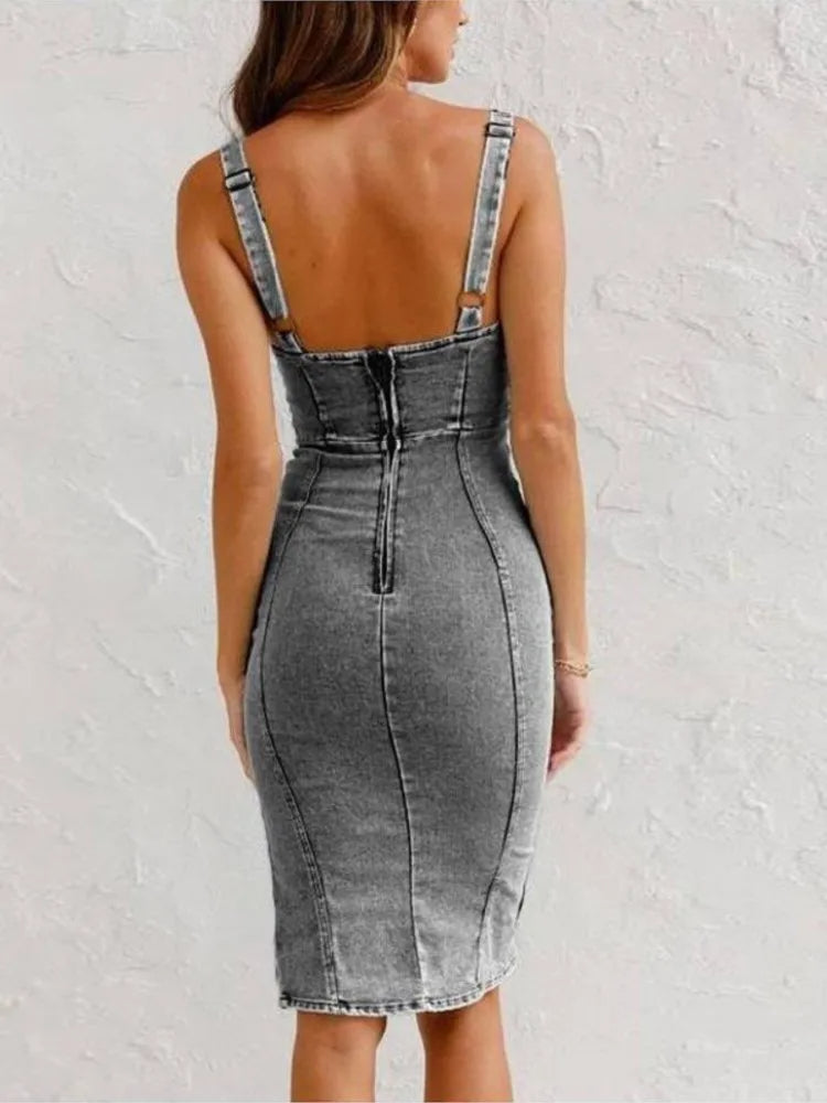 Zoe | Bodycon-kjole i denim-look i Sort/Grå, bagfra