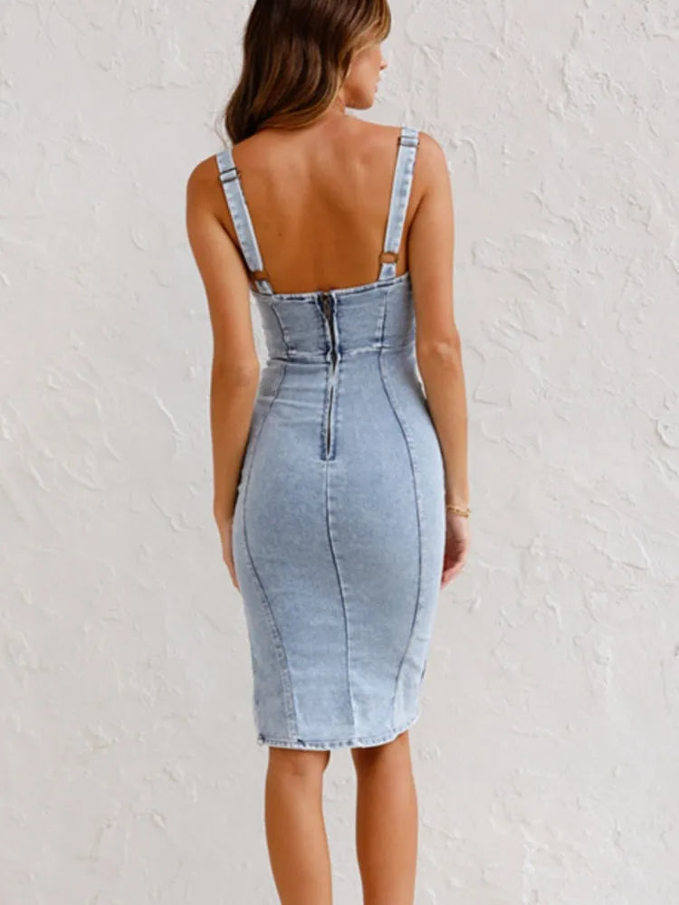 Zoe | Bodycon-kjole i denim-look i Blå, bagfra