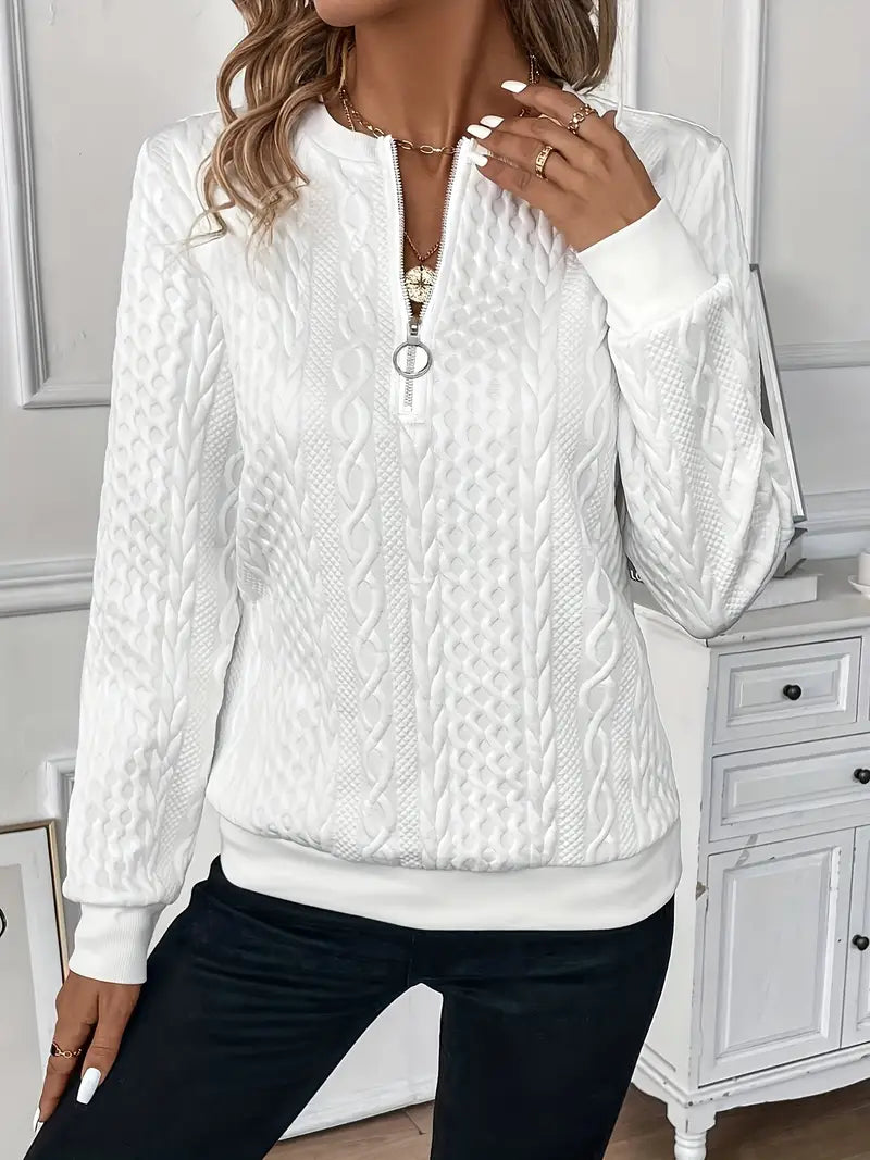 Zoey | Kabelstrikket sweater med lynlås i Offwhite, forfra