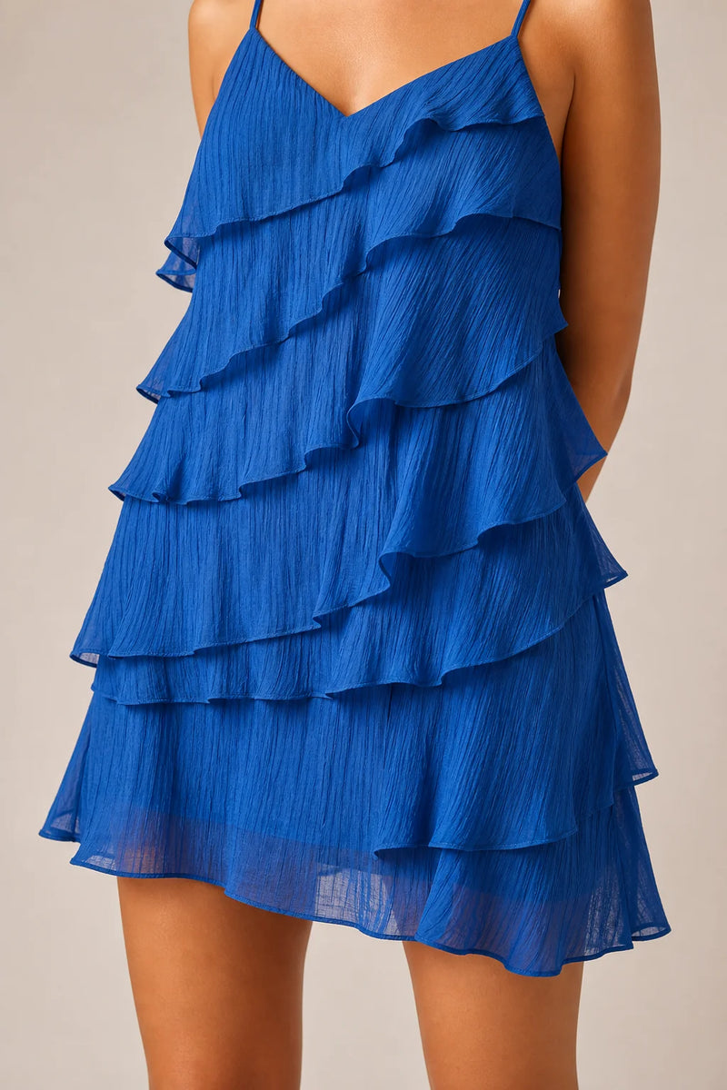 Sofaine Lena women's tiered ruffle mini dress in Royal Blue, crinkled ruffle tiers detail on worn dress