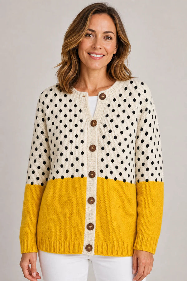 Sofaine Sofia polka-dot colorblock knit cardigan in Multi-colored, worn front hero