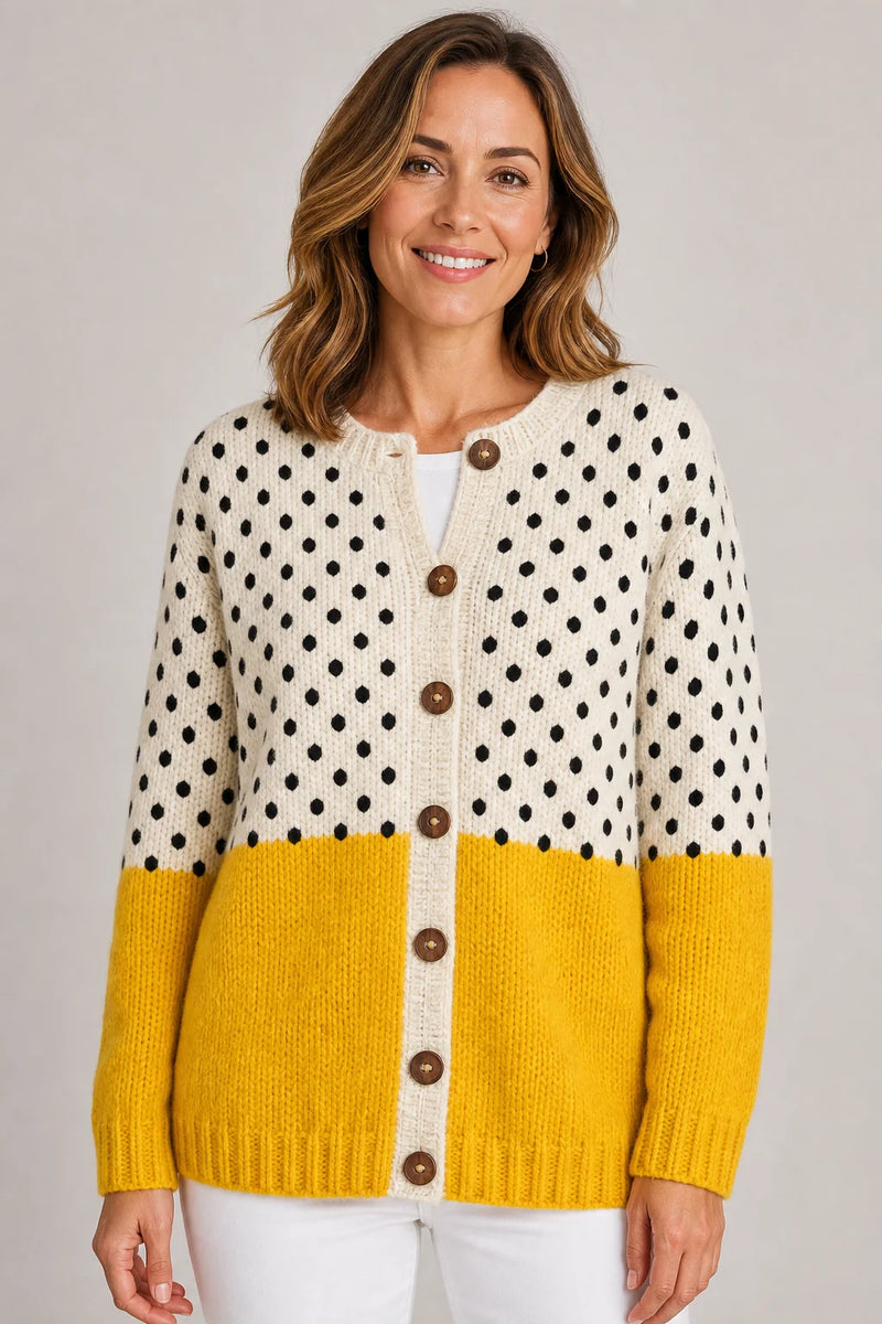 Sofaine Sofia polka-dot colorblock knit cardigan in Multi-colored, worn front hero