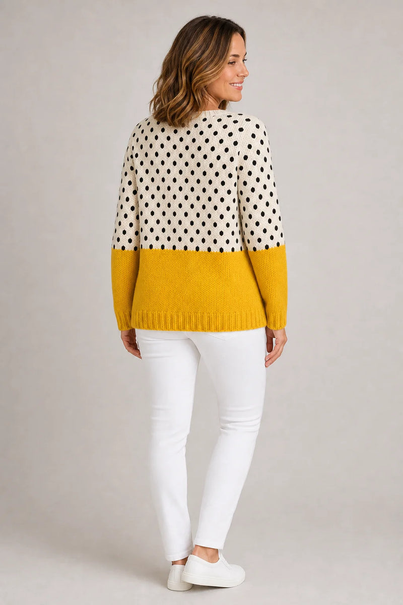 Sofaine Sofia polka-dot colorblock knit cardigan in Multi-colored, worn back