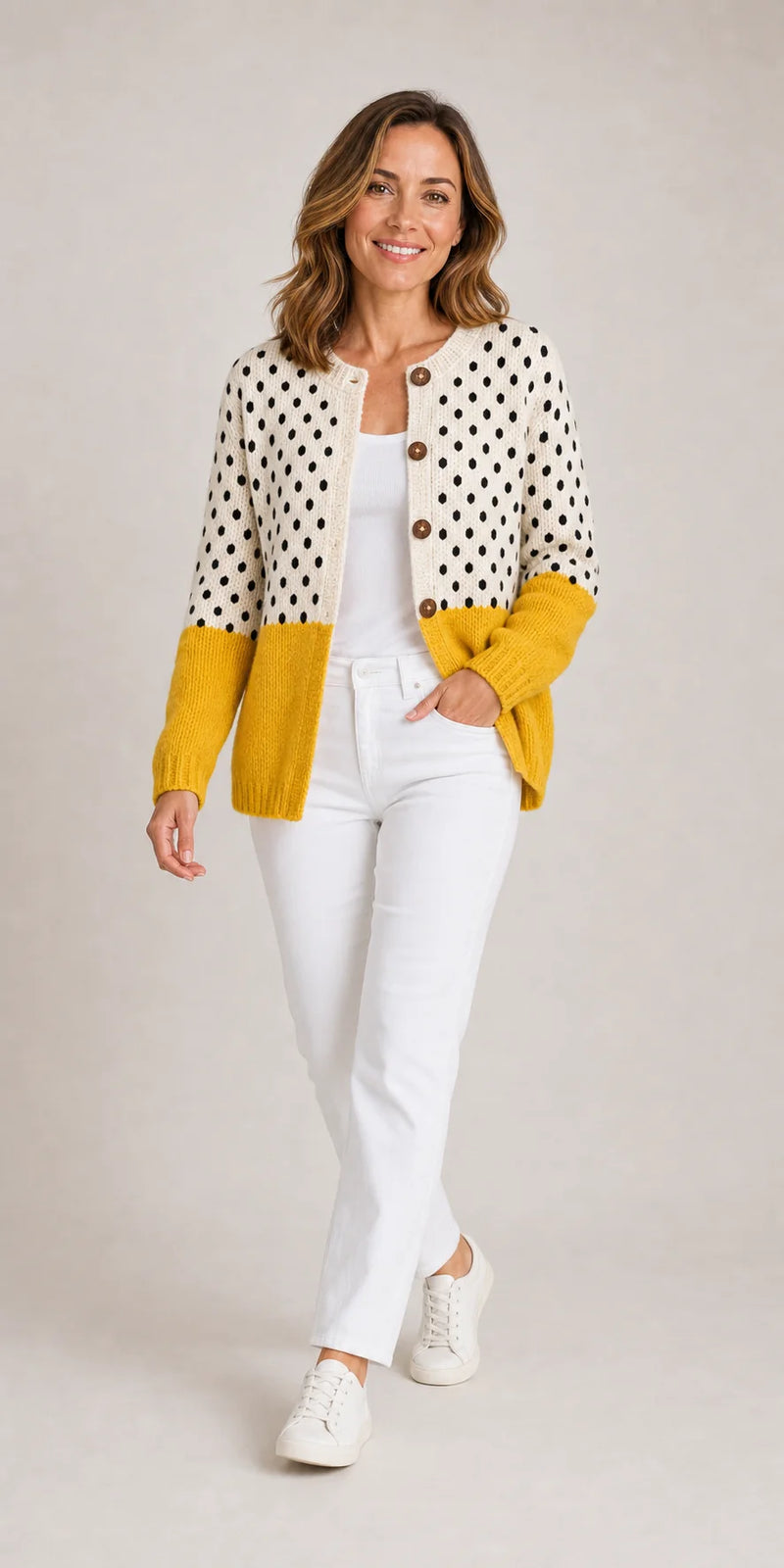 Sofaine Sofia polka-dot colorblock knit cardigan in Multi-colored, styled full look