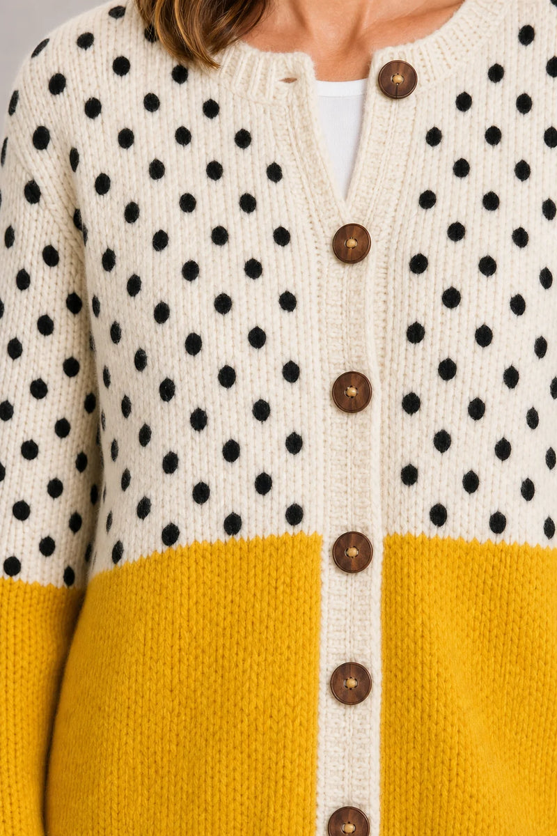 Sofaine Sofia polka-dot colorblock knit cardigan in Multi-colored, wooden button detail