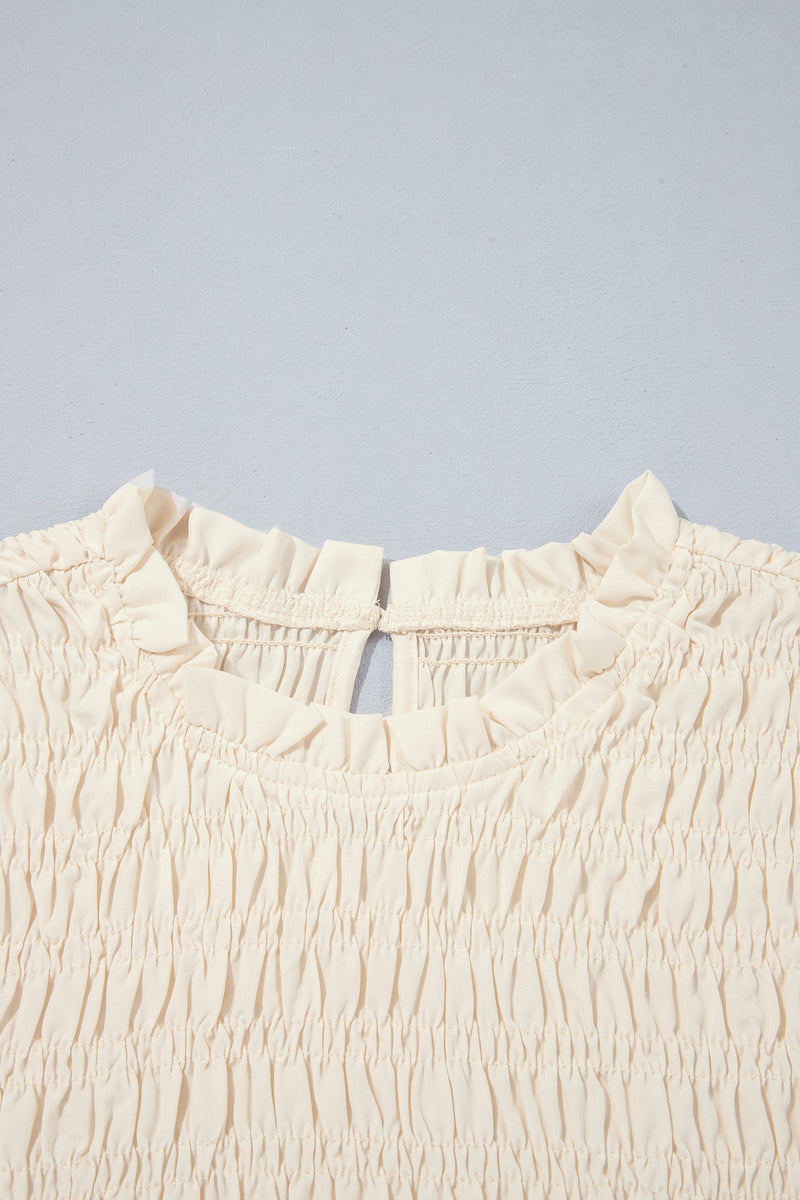 Smocked Peplum Blouse for Women with Ruffle Neck and Balloon Sleeves in Cream, collar detail