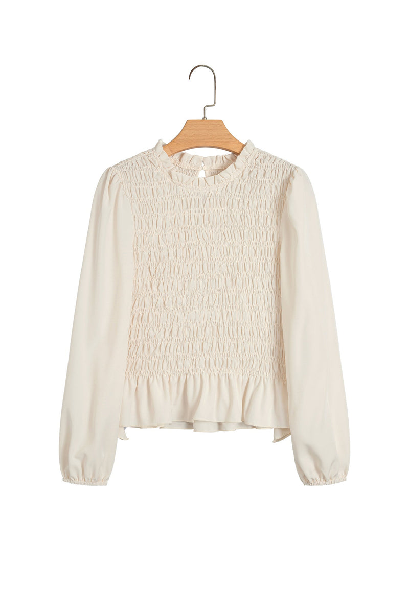 Smocked Peplum Blouse for Women with Ruffle Neck and Balloon Sleeves in Cream, flat front view