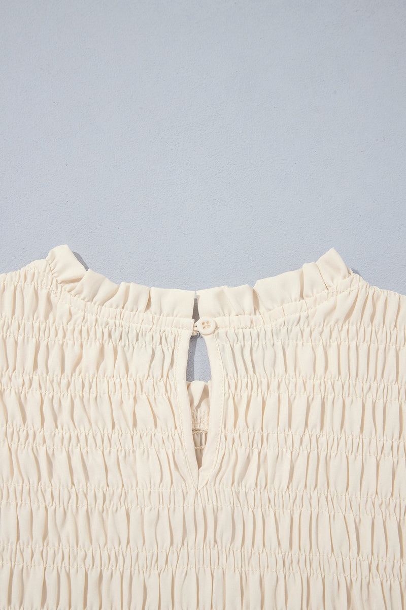 Smocked Peplum Blouse for Women with Ruffle Neck and Balloon Sleeves in Cream, keyhole back detail
