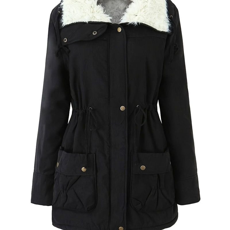 Lined Winter Parka for Women with Teddy Collar and Drawstring Waist in Black, studio front view