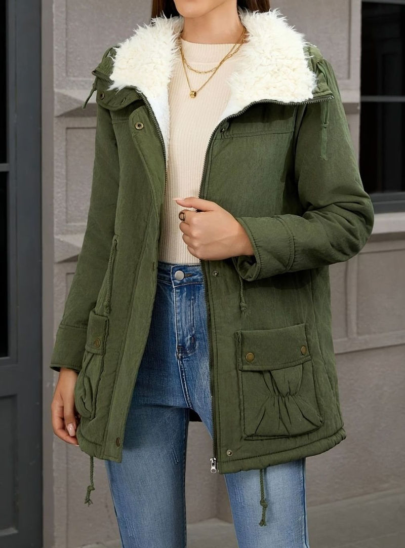 Lined Winter Parka for Women with Teddy Collar and Drawstring Waist, fabric close-up