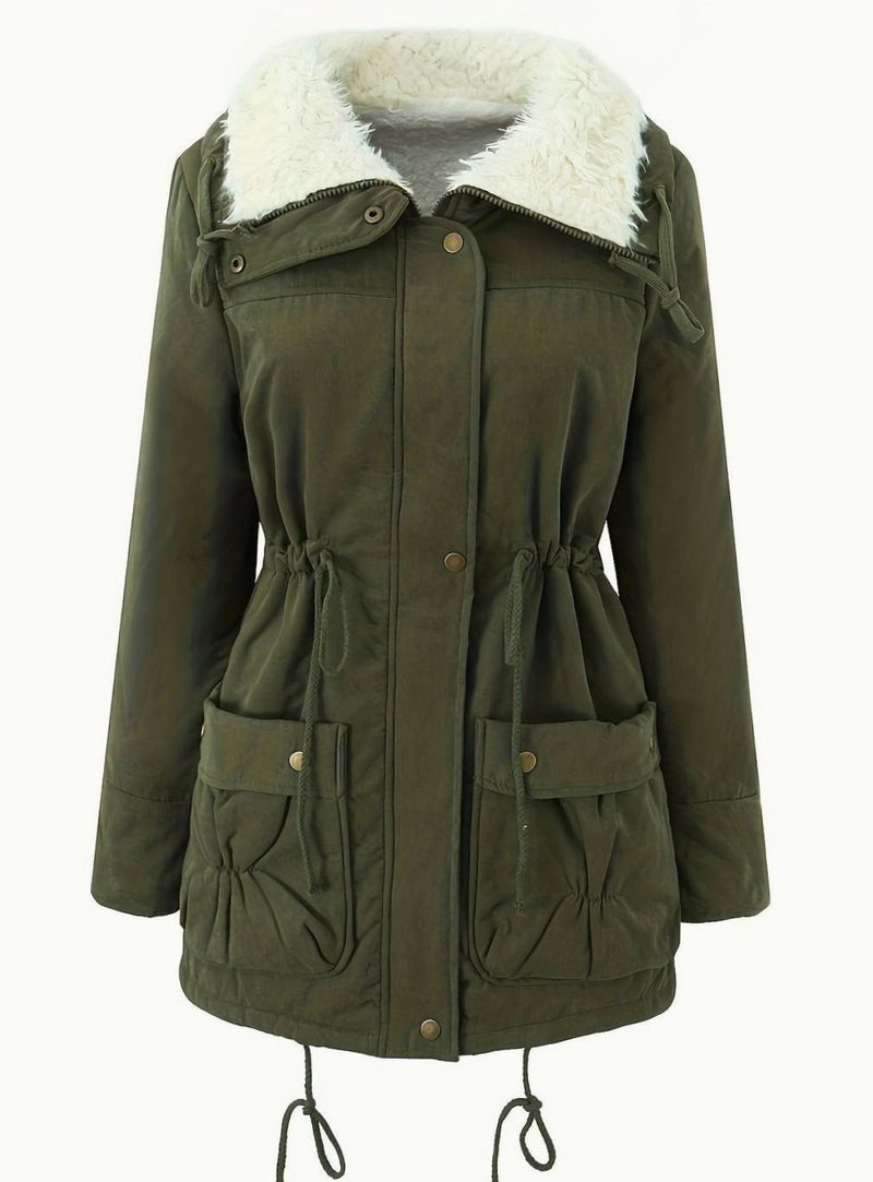 Lined Winter Parka for Women with Teddy Collar and Drawstring Waist, studio front view 2