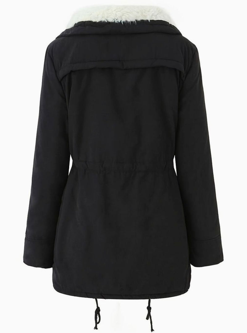 Lined Winter Parka for Women with Teddy Collar and Drawstring Waist, studio back view