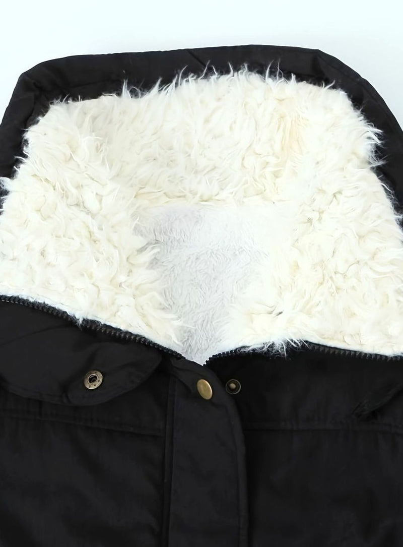 Lined Winter Parka for Women with Teddy Collar and Drawstring Waist, studio side view
