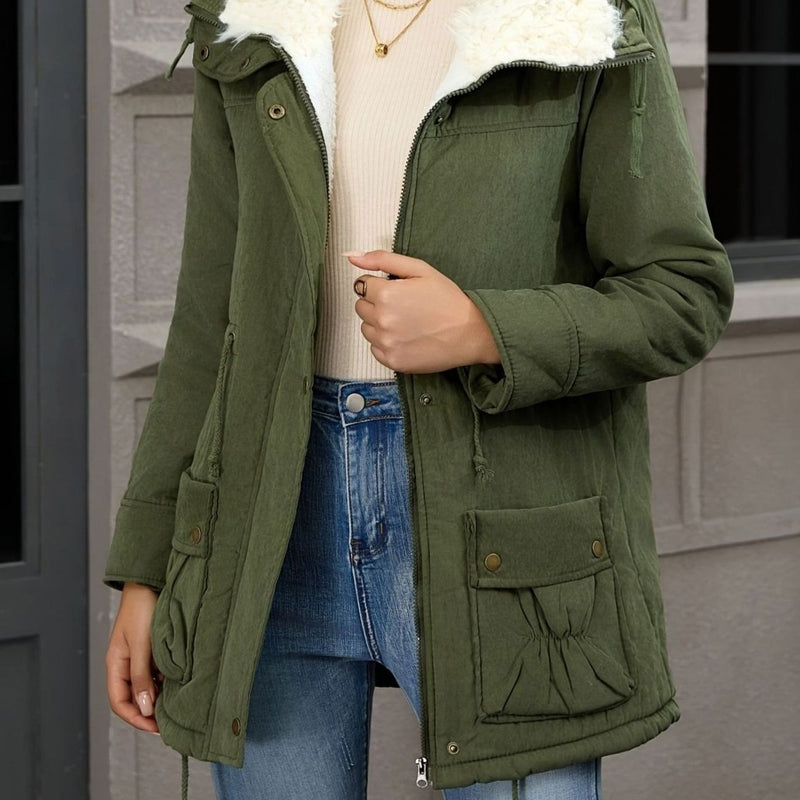 Lined Winter Parka for Women with Teddy Collar and Drawstring Waist in Olive Green, studio front view