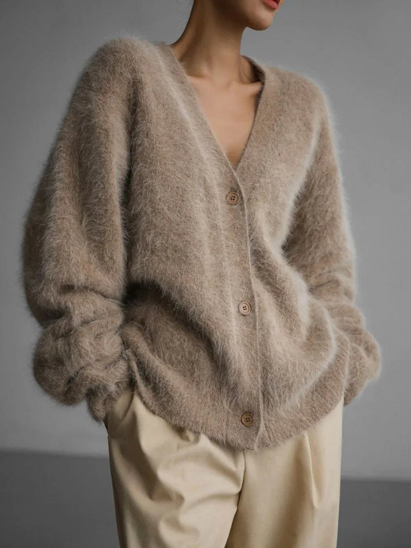 Fuzzy Oversized V Neck Cardigan for Women with Brushed Knit and Buttons in Brown, relaxed front view