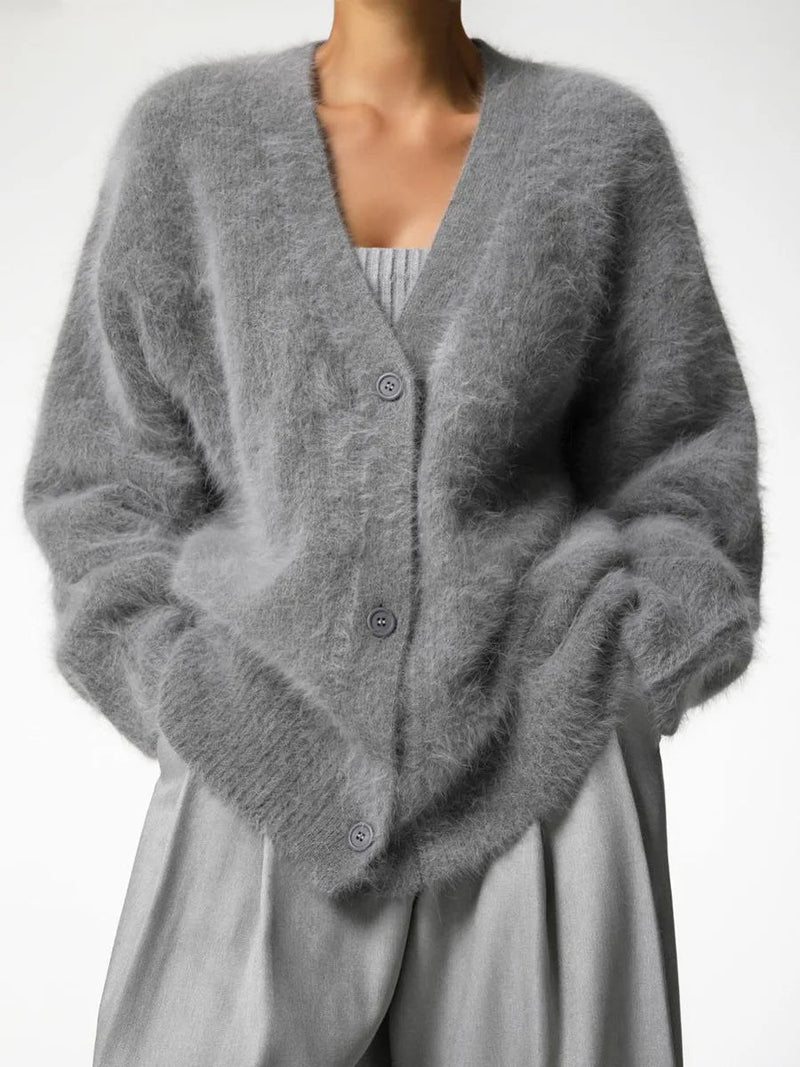 Fuzzy Oversized V Neck Cardigan for Women with Brushed Knit and Buttons in Dark Gray, buttoned front view