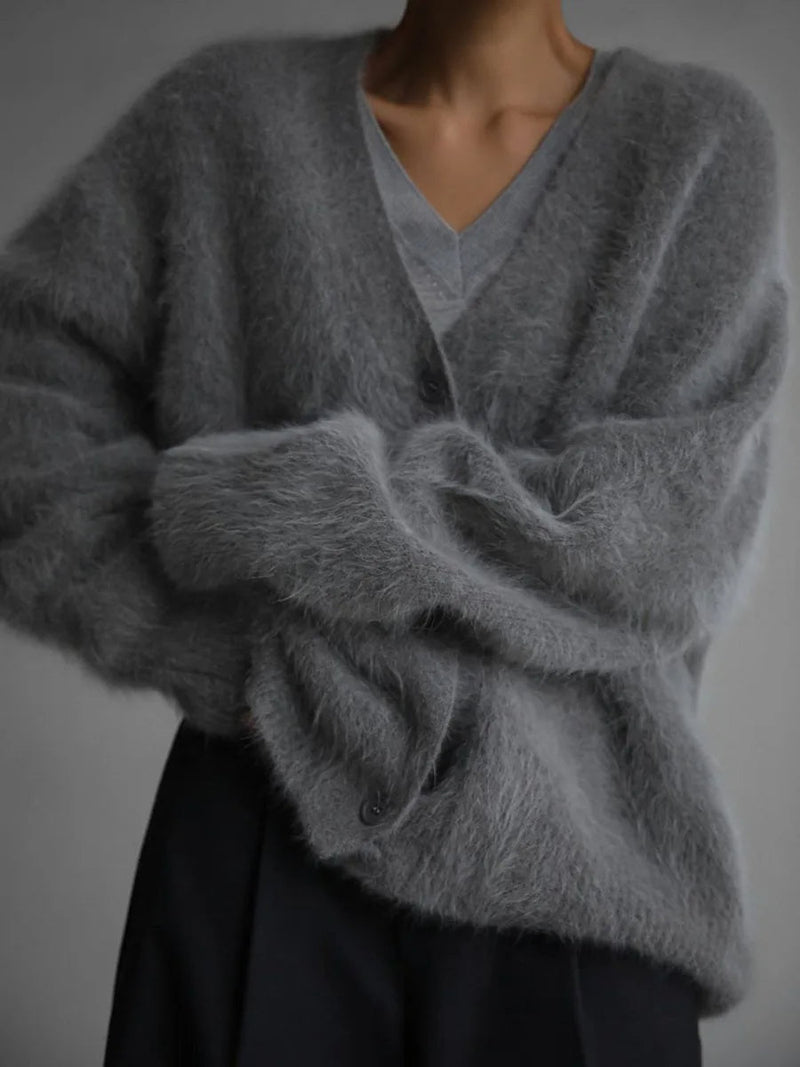 Fuzzy Oversized V Neck Cardigan for Women with Brushed Knit and Buttons in Dark Gray, front view