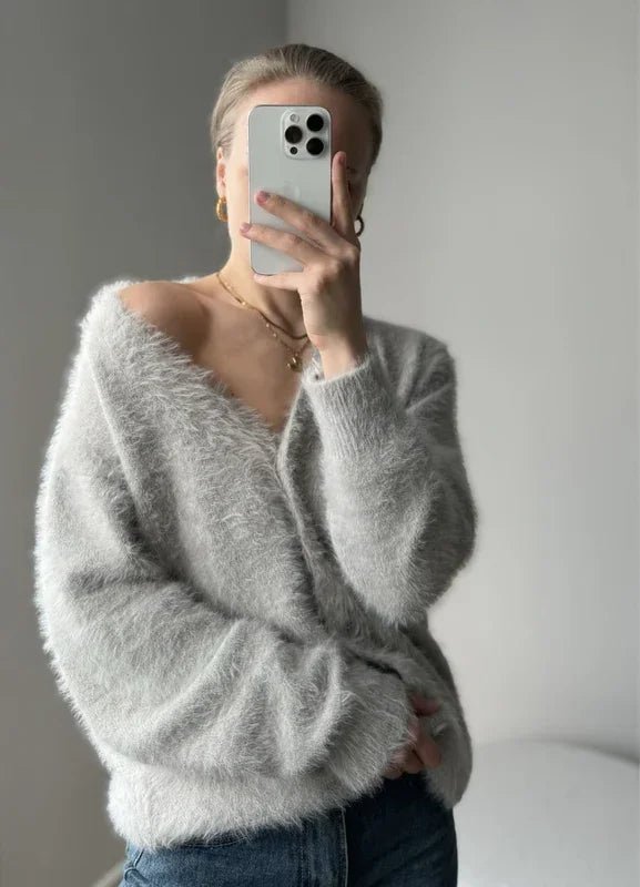 Fuzzy Oversized V Neck Cardigan for Women with Brushed Knit and Buttons in Light Gray, mirror view