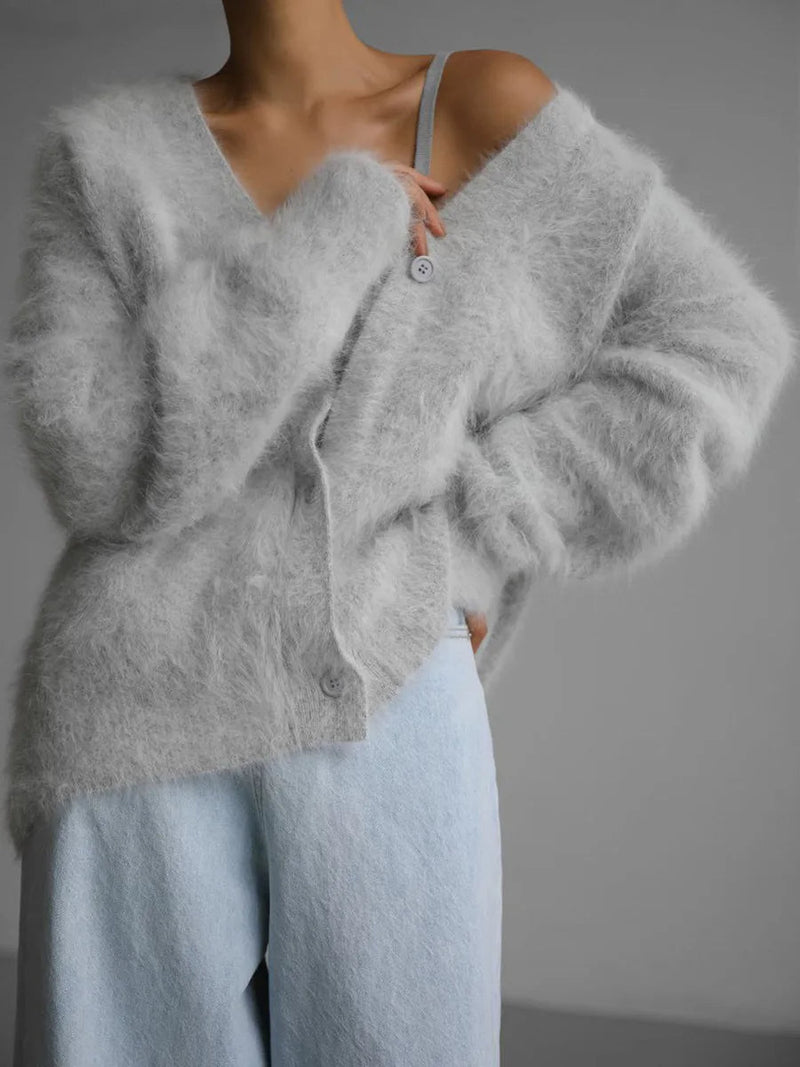 Fuzzy Oversized V Neck Cardigan for Women with Brushed Knit and Buttons in Light Gray, off-shoulder view