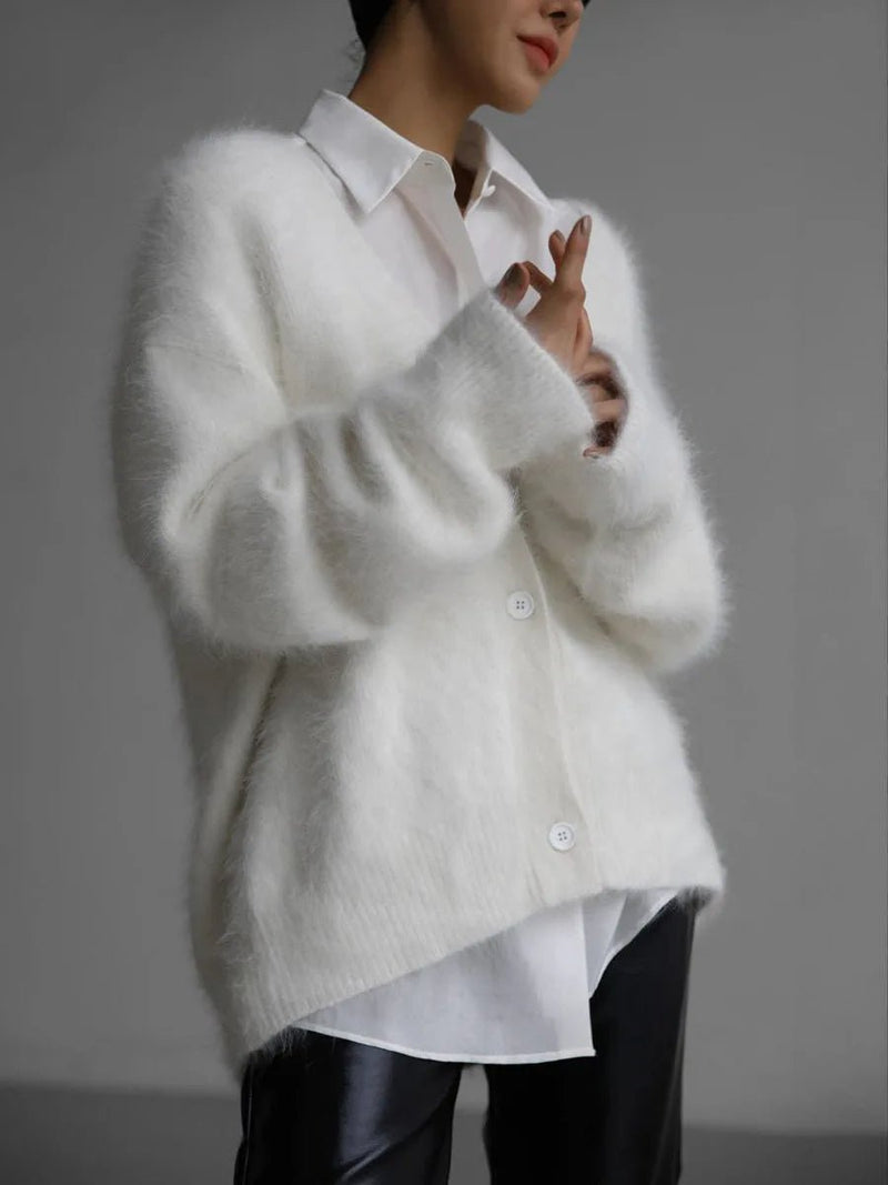 Fuzzy Oversized V Neck Cardigan for Women with Brushed Knit and Buttons in White, front view
