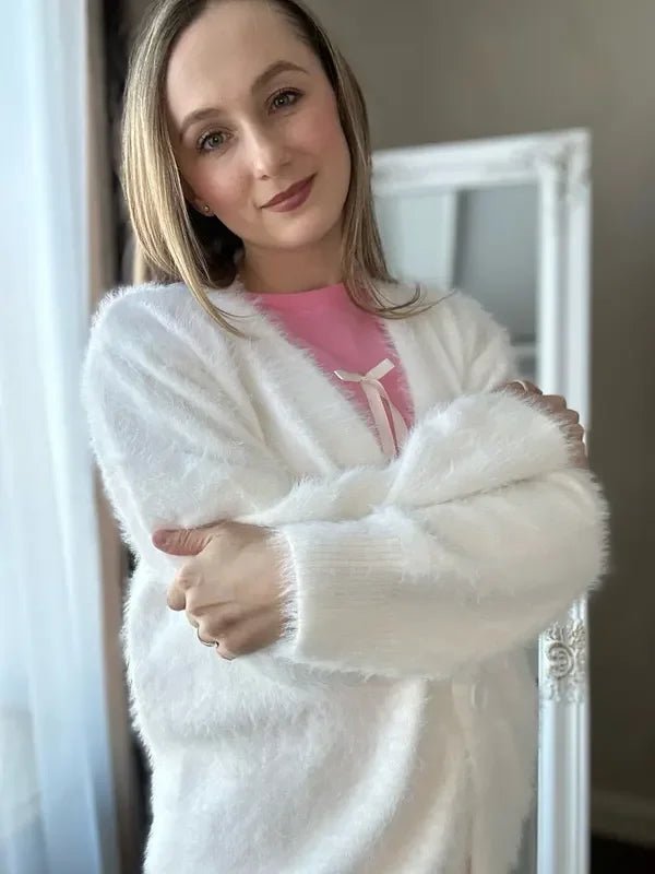 Fuzzy Oversized V Neck Cardigan for Women with Brushed Knit and Buttons in White, styled view