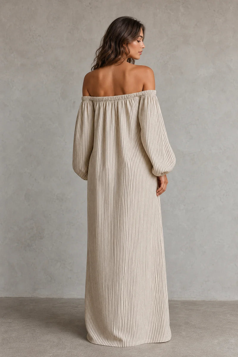 Sofaine Lucia off-shoulder pinstriped cotton-linen maxi dress in Ivory Stripe, worn back