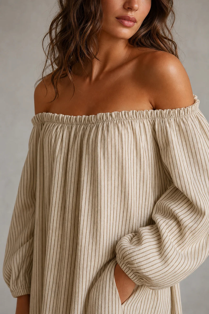 Sofaine Lucia off-shoulder pinstriped cotton-linen maxi dress in Ivory Stripe, neckline detail