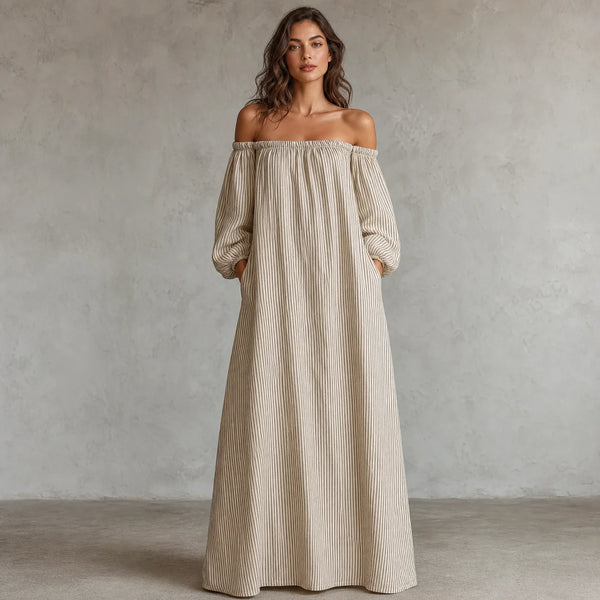 Sofaine Lucia off-shoulder pinstriped cotton-linen maxi dress in Ivory Stripe, worn front hero