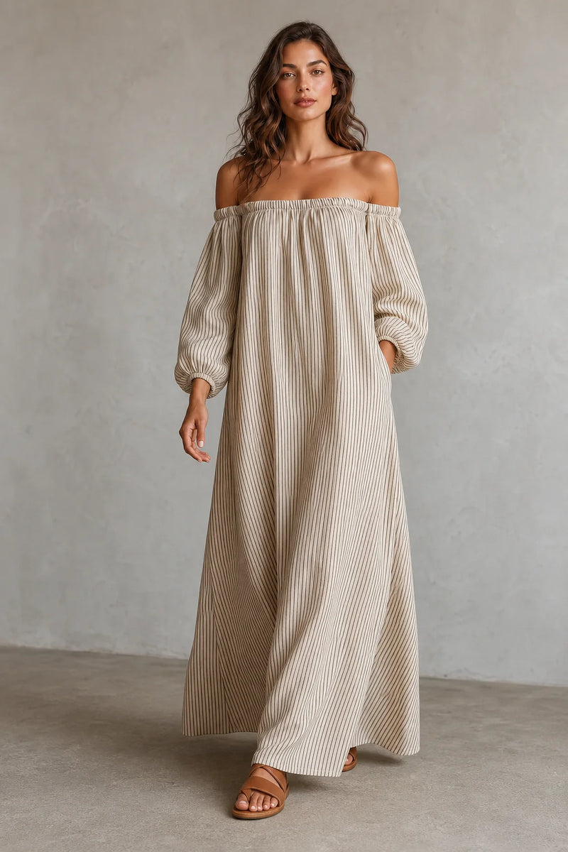 Sofaine Lucia off-shoulder pinstriped cotton-linen maxi dress in Ivory Stripe, styled full look