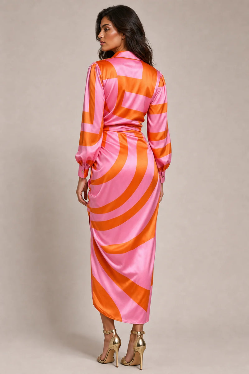 Sofaine Adeline women's floral wrap dress in Orange Pink, back view