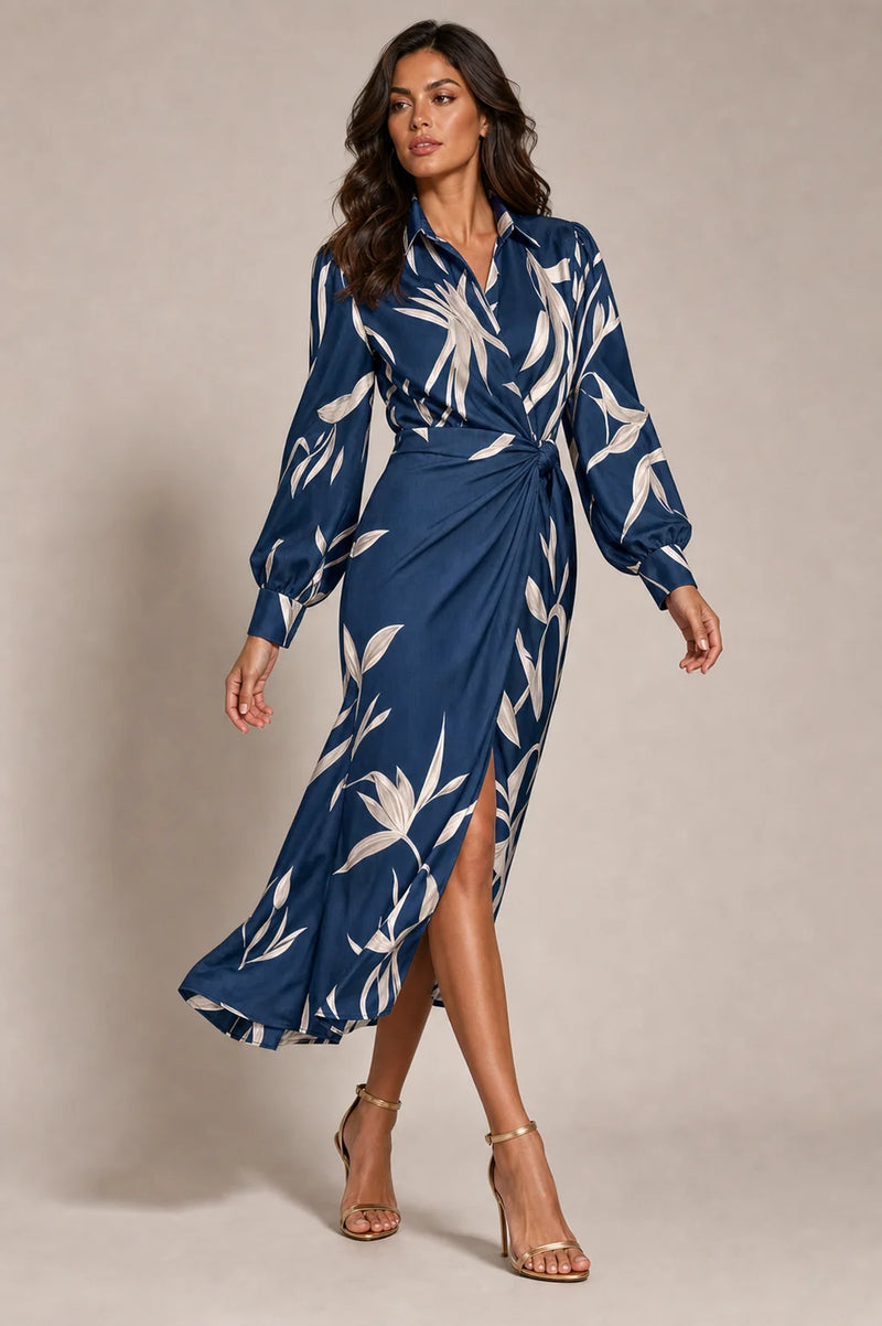 Sofaine Adeline women's wrap dress in Blue navy botanical leaf print, worn on model