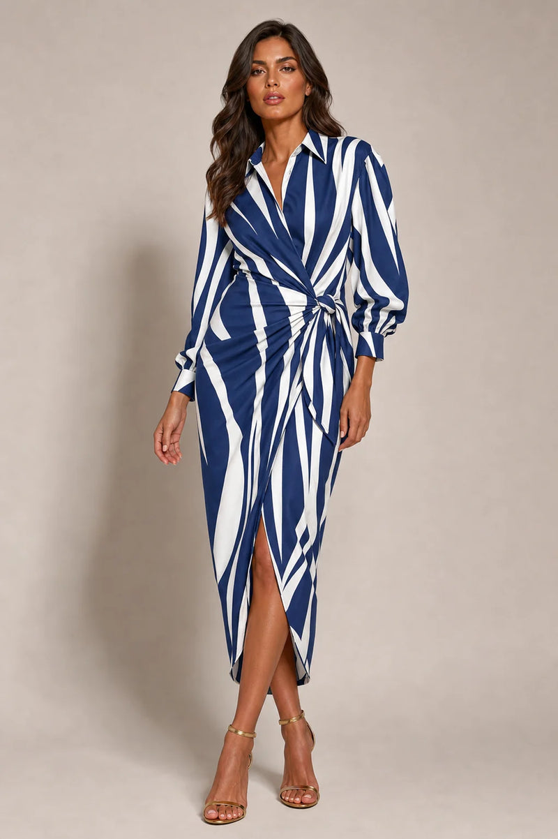 Sofaine Adeline women's wrap dress in Blue White stripe print, worn on model