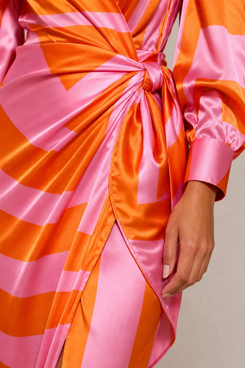 Sofaine Adeline women's floral wrap dress in Orange Pink, twist-knot waist detail