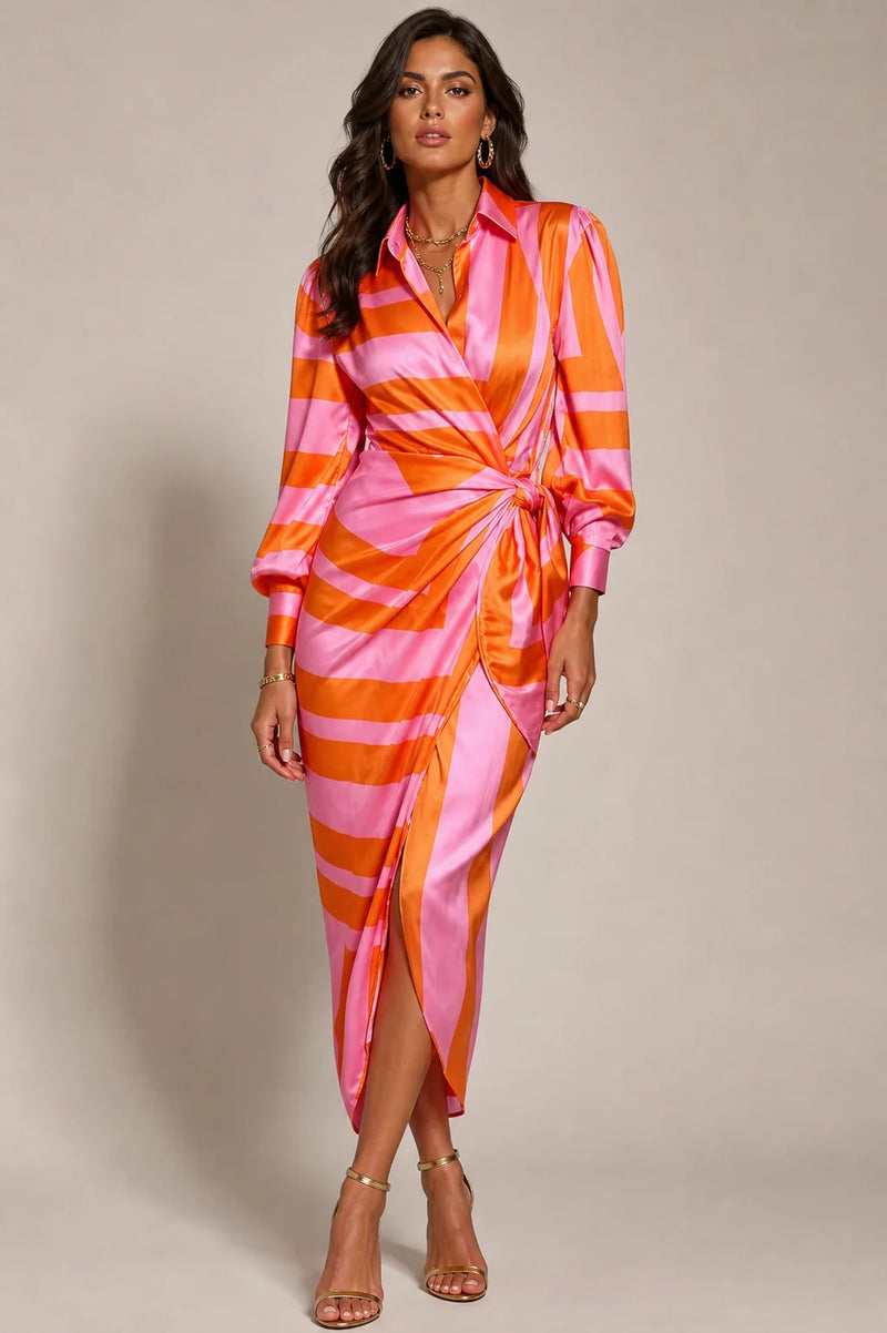 Sofaine Adeline women's floral wrap dress in Orange Pink, studio front hero