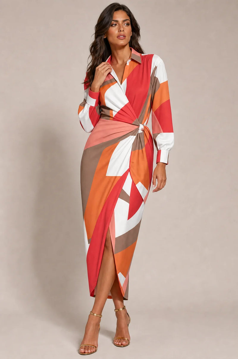 Sofaine Adeline women's wrap dress in Multicolored geometric print, worn on model