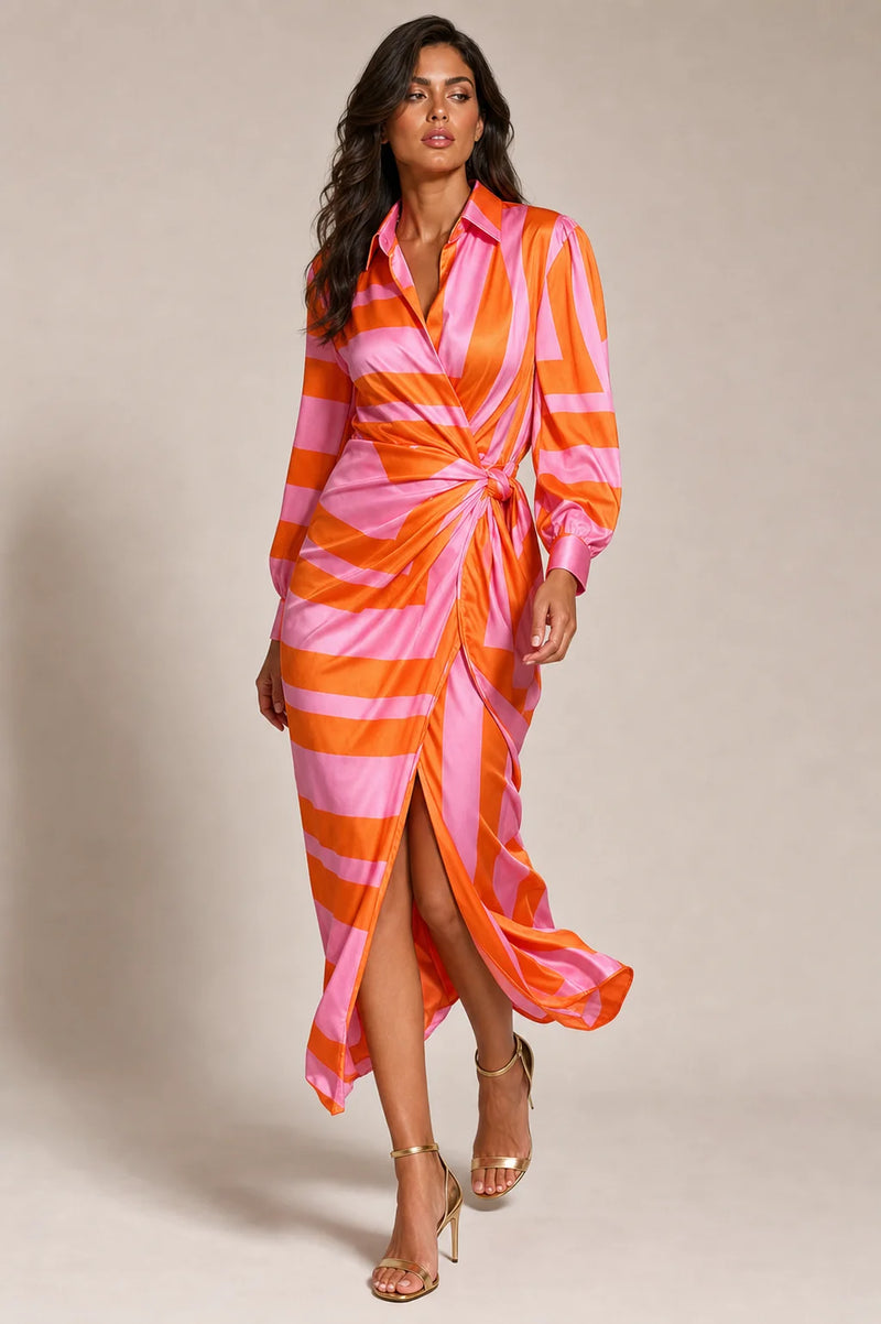Sofaine Adeline women's floral wrap dress in Orange Pink, styled full look