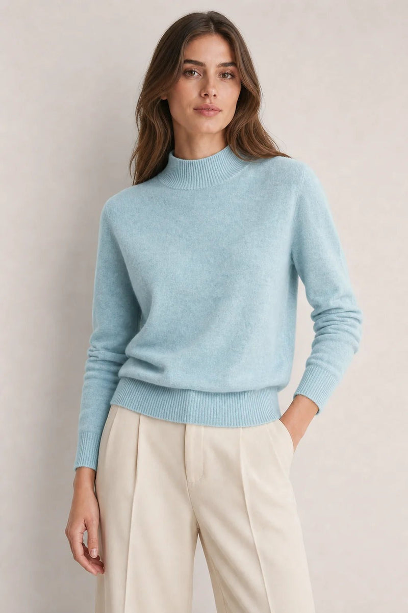 Sofaine Stella mock-neck knit sweater in light blue, worn front view