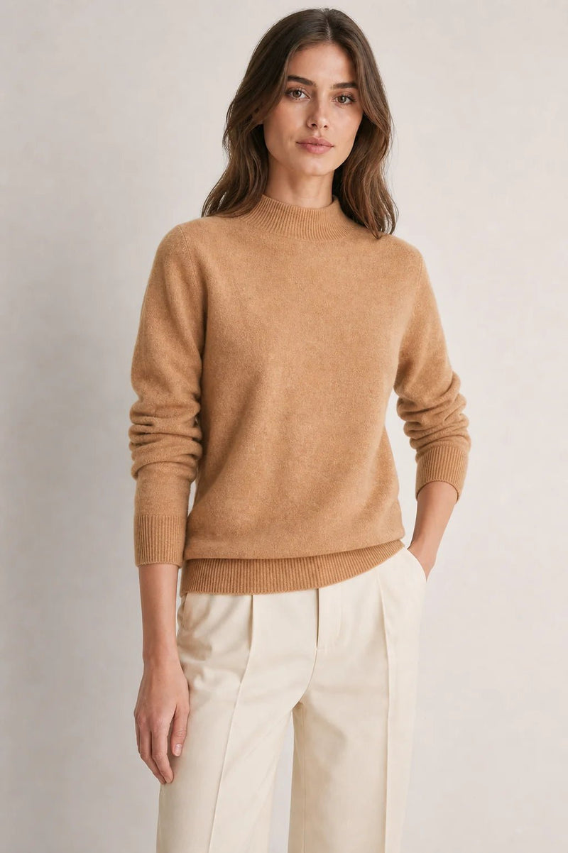Sofaine Stella mock-neck knit sweater in camel, worn front view